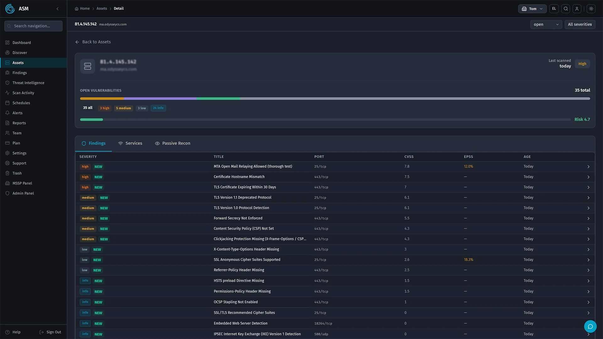 ClearSkies ASM asset detail: open vulnerabilities by severity with a risk score, and the findings list with port, CVSS, EPSS and age