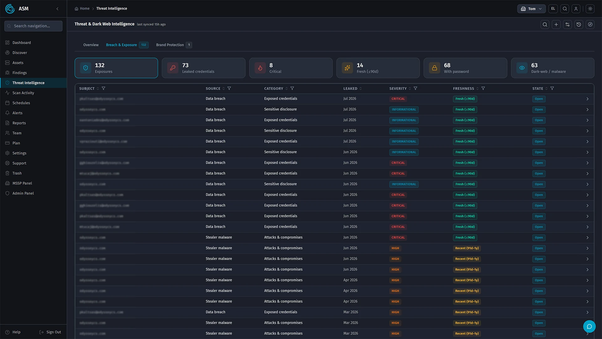 ClearSkies ASM Threat and Dark Web Intelligence: exposure counts for leaked credentials, critical and fresh findings, above a list of breach and stealer-malware findings with severity, freshness and state