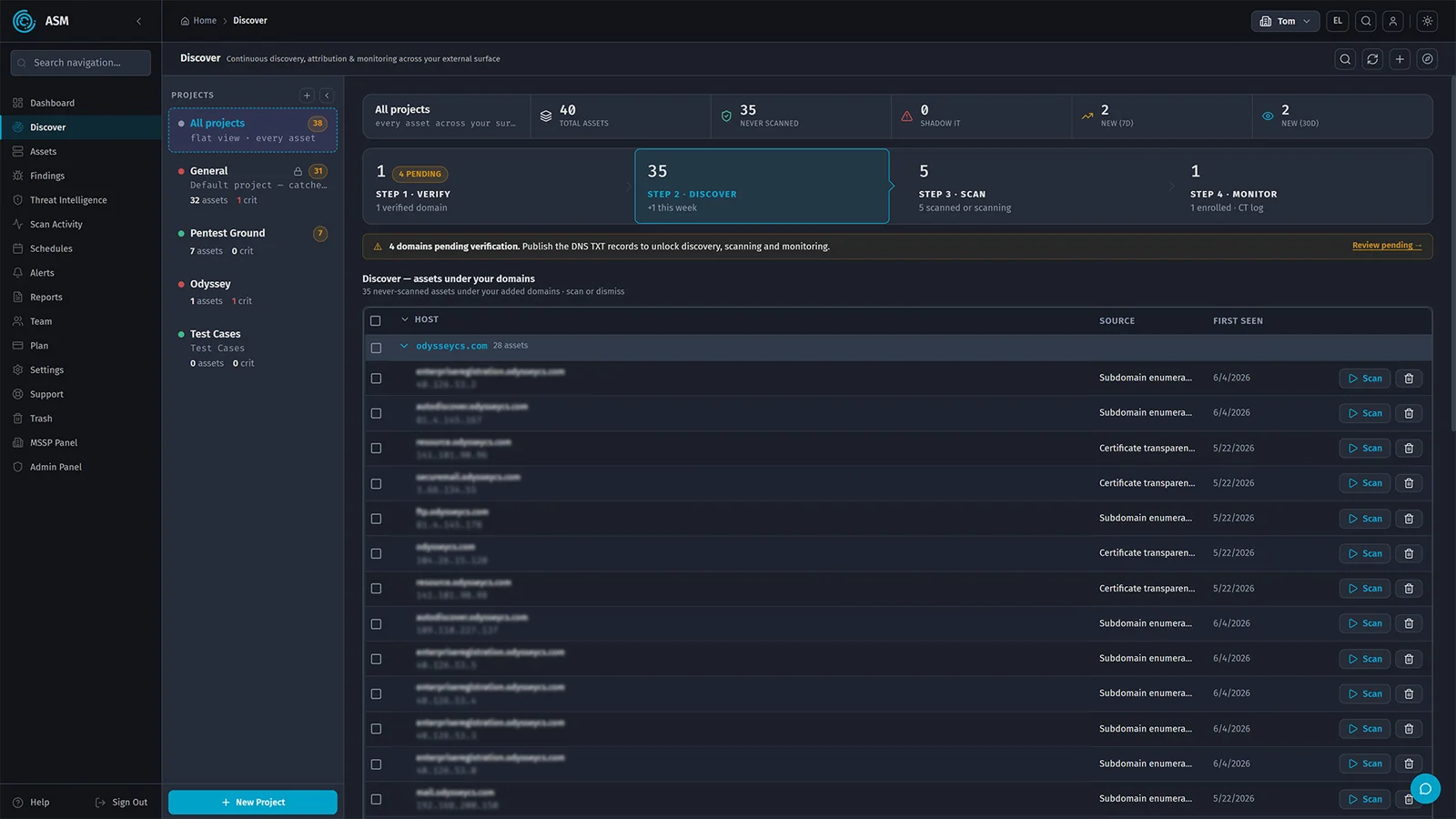 ClearSkies ASM Discover view, step two: assets found under the authorized domains, with their discovery source and when each was first seen