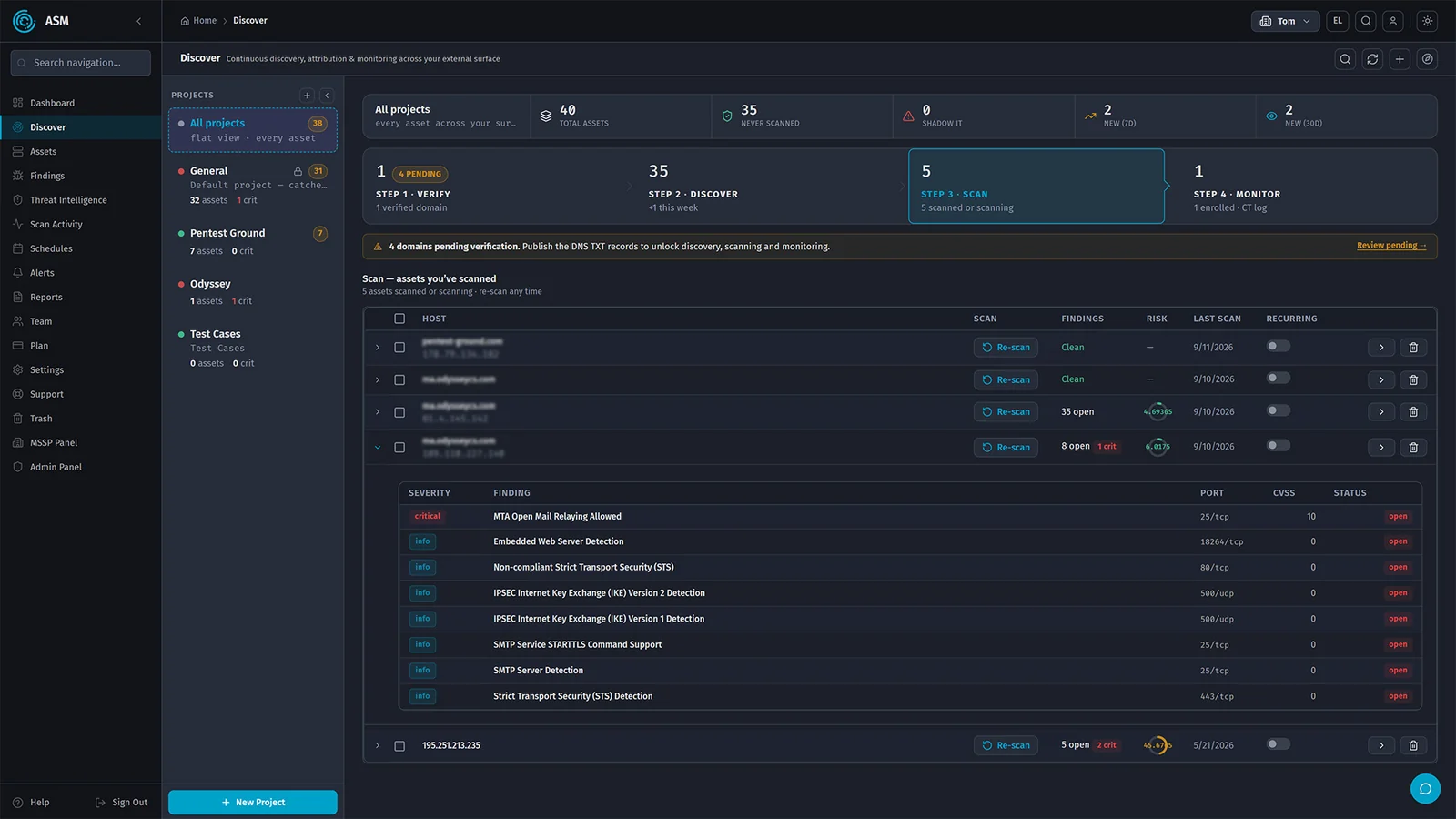 ClearSkies ASM Discover view, step three: scanned assets with their findings, risk score and last scan, and the findings of one asset expanded